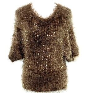 Verty Womens Size S M Top Sweater Soft Pullover Sequins Short Sleeve Brown Bling